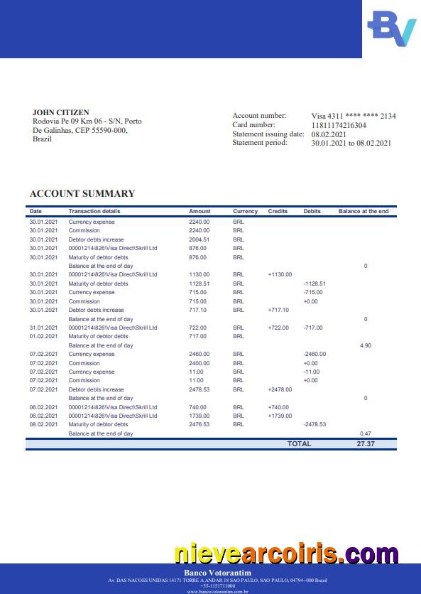 Brazil Banco Votorantim bank statement in Word and PDF format